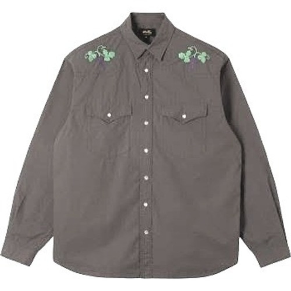 STAN RAY Washed Brown Grey Embroidered Grape Western Pearl Snap Shirt - M